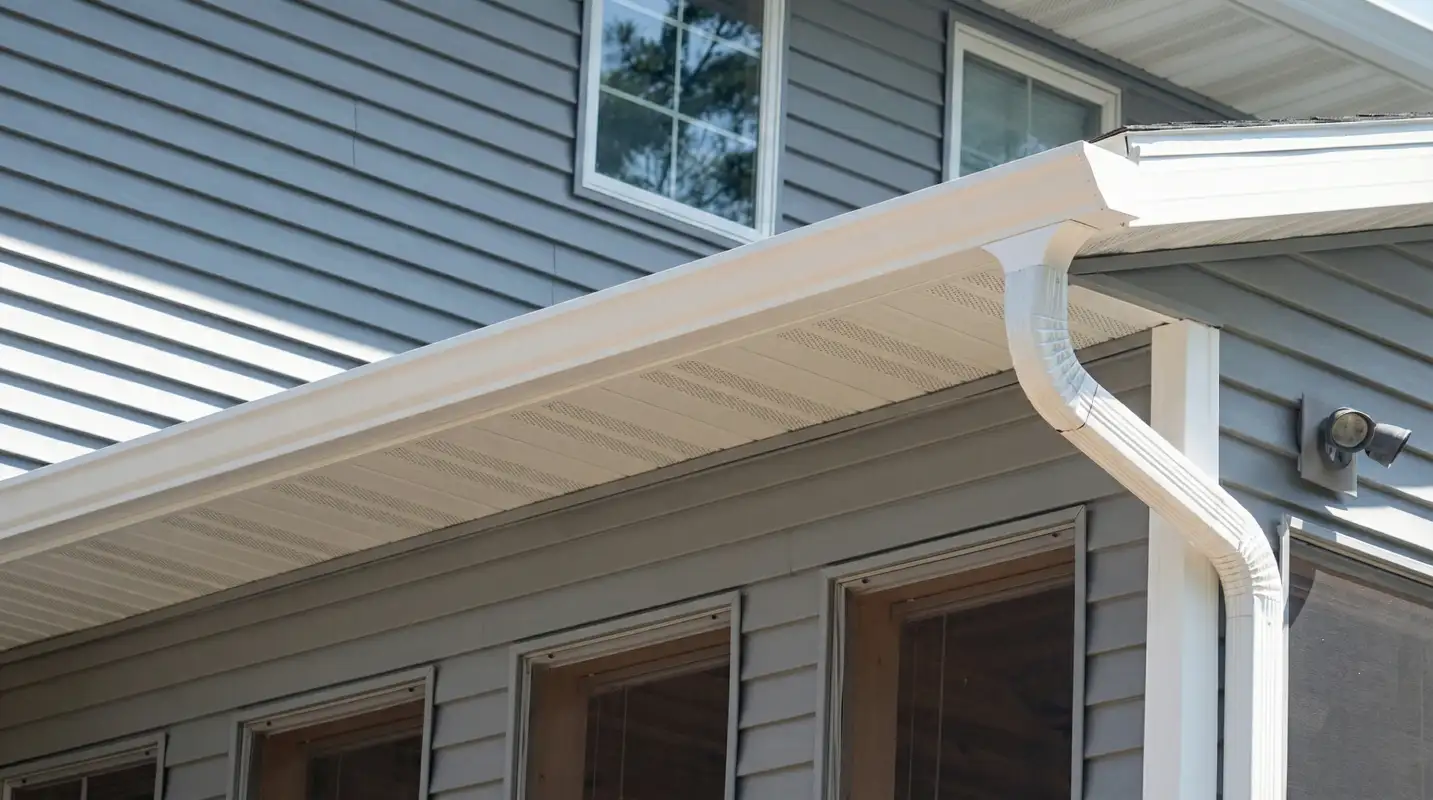 Professional home remodeling project showing newly installed white seamless gutters and downspouts on a house with gray siding in Baton Rouge, LA