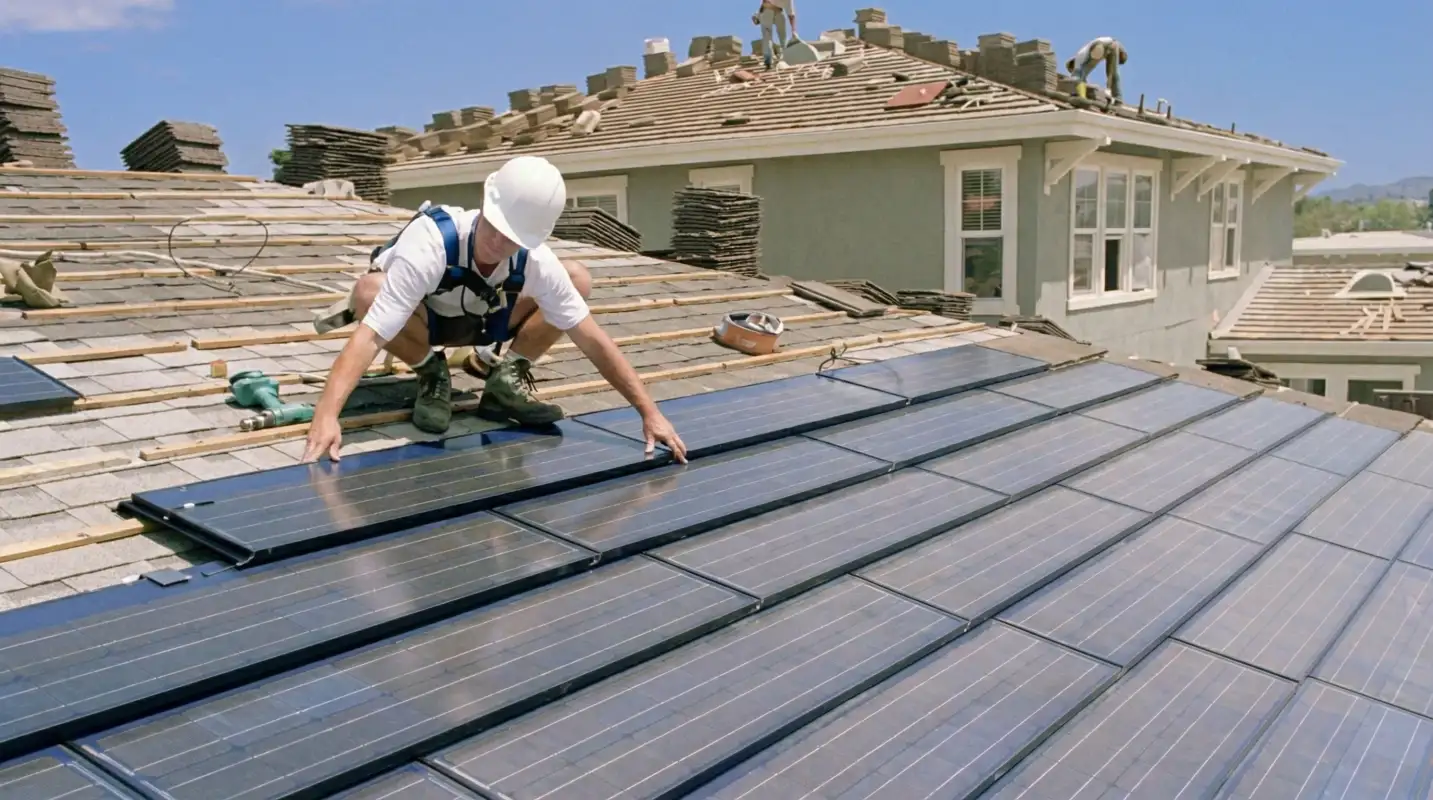 Roof replacement expert installing modern solar shingles on a residential home in Baton Rouge, LA