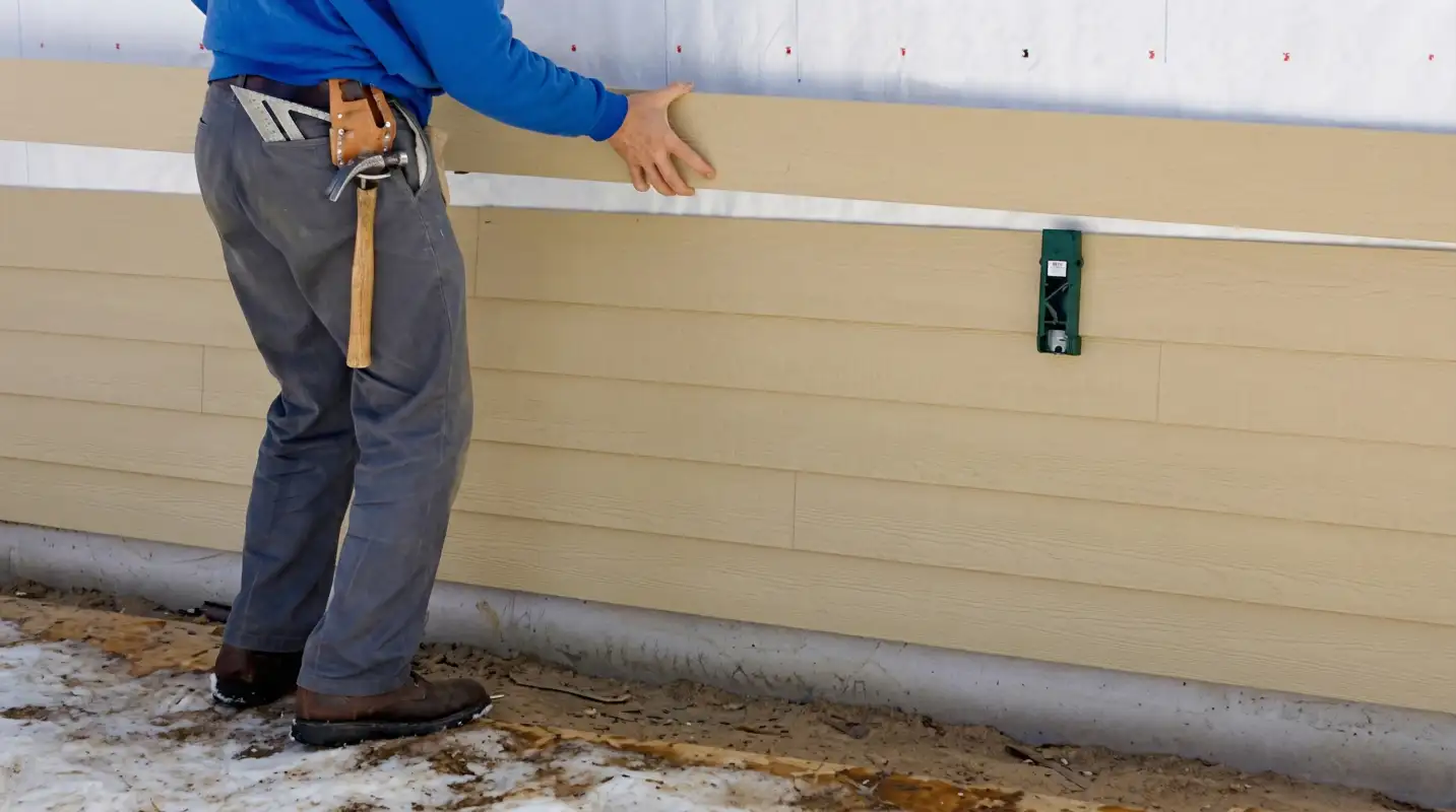 Siding replacement expert carefully aligning a new tan siding panel onto a residential exterior wall in Baton Rouge, LA