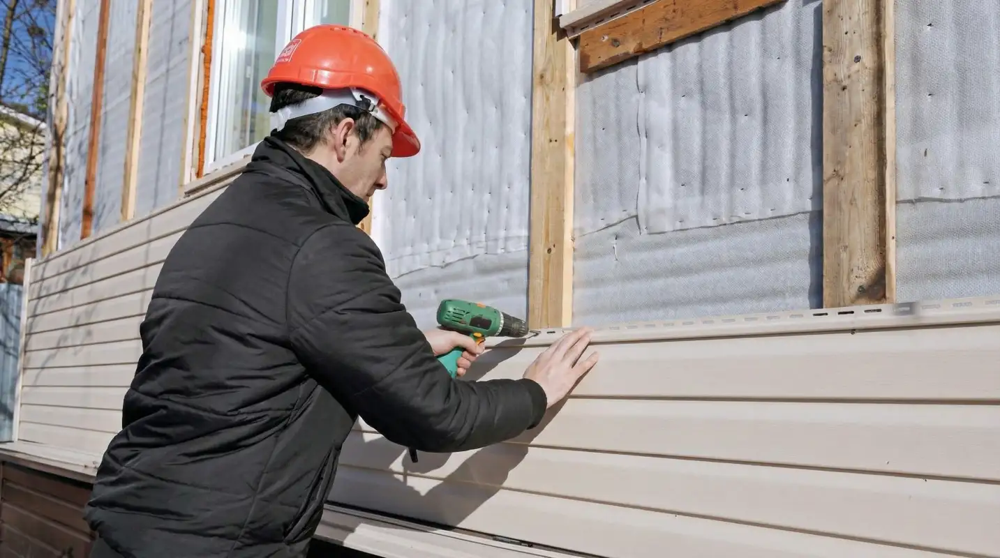 Siding replacement professional using a power drill to install new tan vinyl siding on a home exterior in Baton Rouge, LA