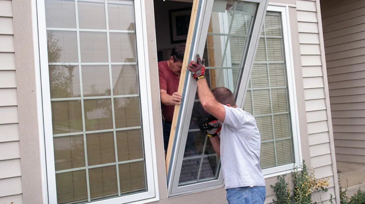 Professional home remodeling team installing a large replacement window on a house with tan siding in Baton Rouge, LA