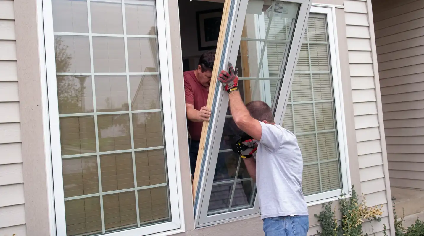 Professional home remodeling team installing a large replacement window on a house with tan siding in Baton Rouge, LA
